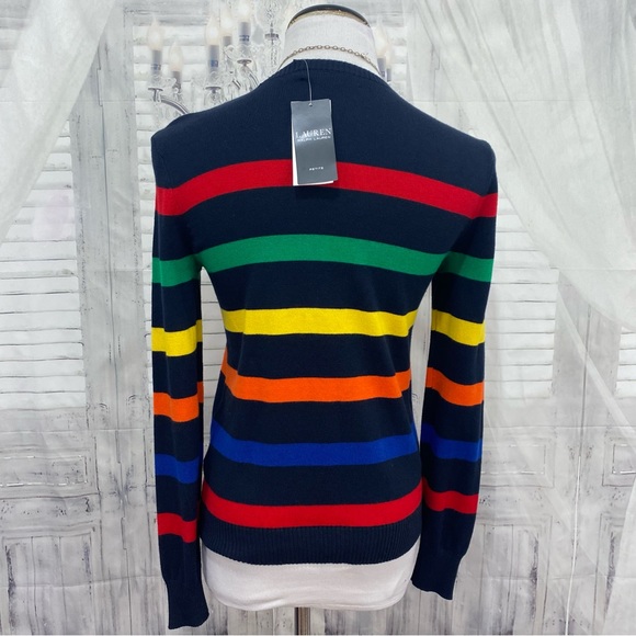 Ralph Lauren Size PS Small Petite Navy Blue Red Green Striped Cotton Sweater NWT - Picture 9 of 12